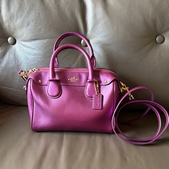 Coach Magenta Metallic Leather Mini Satchel Crossbody Purse - Picture 1 of 16